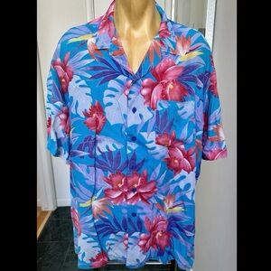 VINTAGE 1990s IMPULSE RAYON HAWAIIAN SHIRT BLUE RED PINK PURPLE FLORAL MENS XL